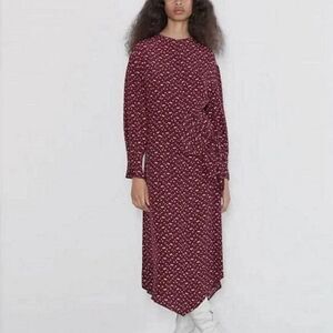 ZARA Faux Wrap Dress Womens Size L Burgandy Floral Midi Wedding Guest Brunch